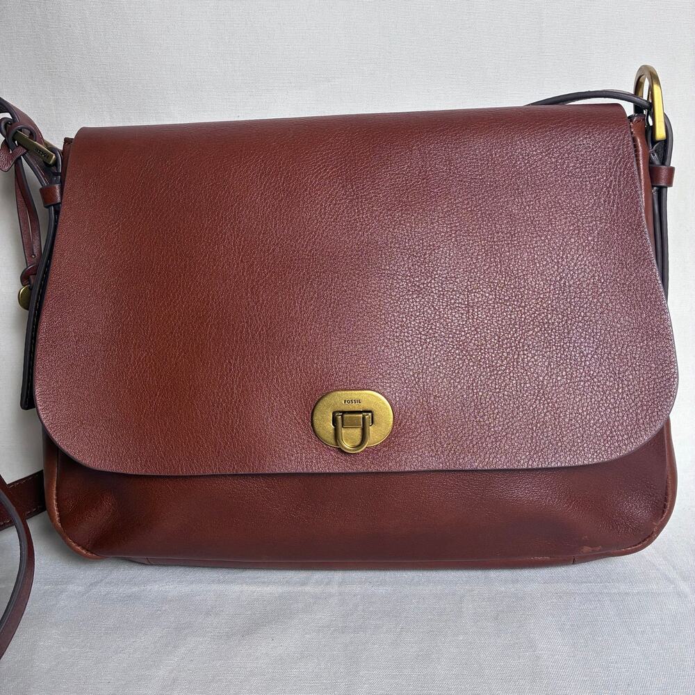 Fossil Harper Large Leather Flap Crossbody Bag Brown Turnlock Messenger Purse
